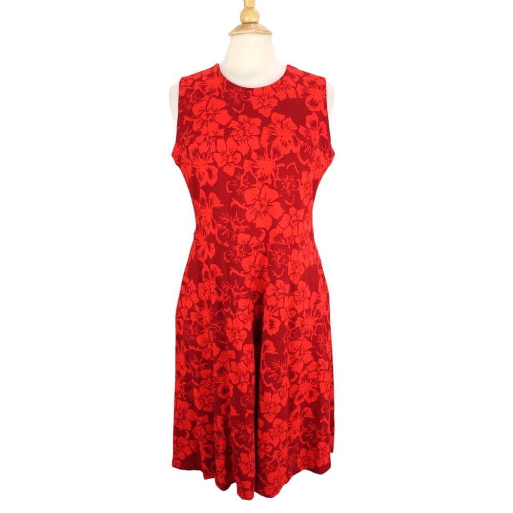Lands End Dress Womens‎ 14 Sleeveless Midi Red Hawaiian Floral Pockets Stretchy